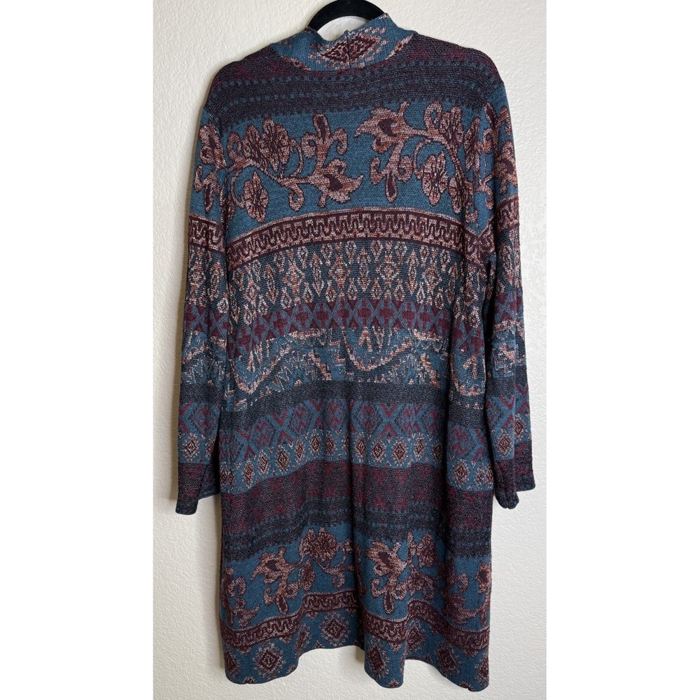 Chicos‎ 3 US XL Long Cardigan Sweater Tapestry Regal Jacquard Open Front Preppy
